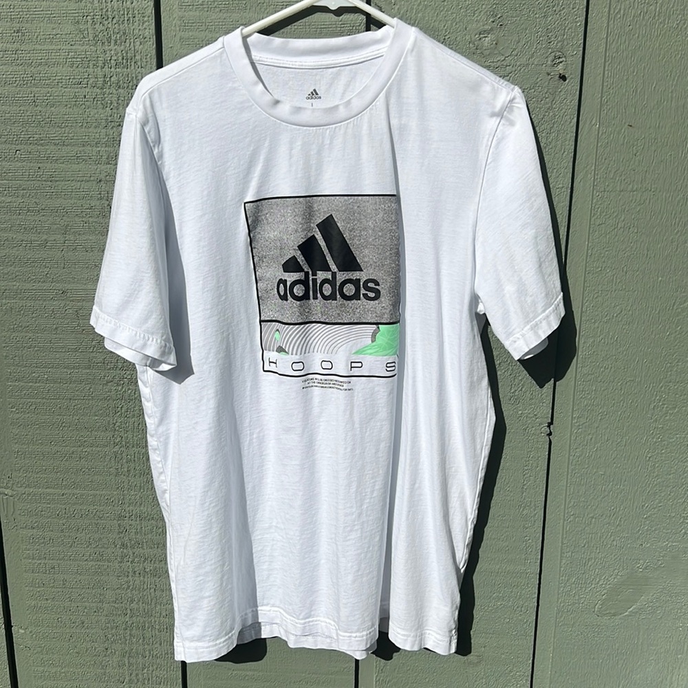 Adidas Future Hoops Graphic Tee White with Black, Neon Green Graphis Size L